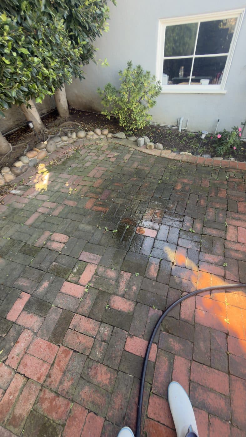 Dirty brick pavers with moss and stains before cleaning by Window Wizards in Los Angeles
